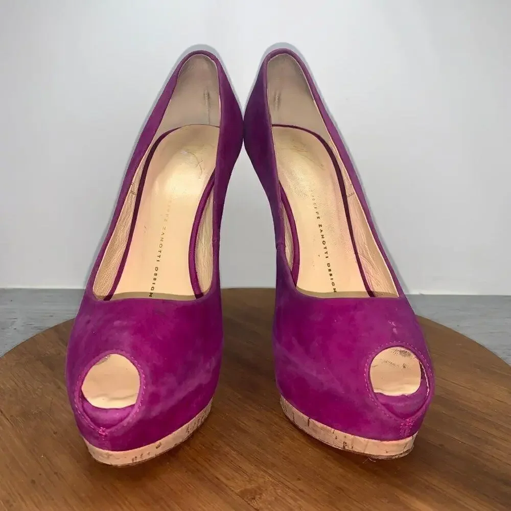 Giuseppe Zanotti SHARON Platform Peep Toe Suede Purple Clover Pump Heels Sz 38.5